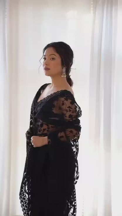 Black Elegant Embroidered Butterfly Net Saree