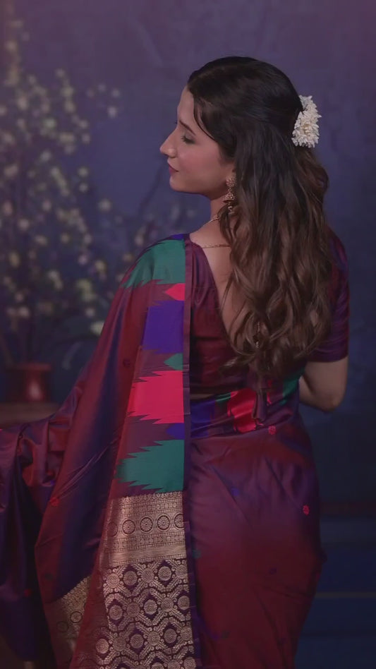 Wine maroon Temple Border Silk Saree