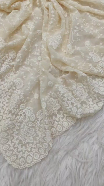 Cream Soft Organza Embroidery Thread Work Saree