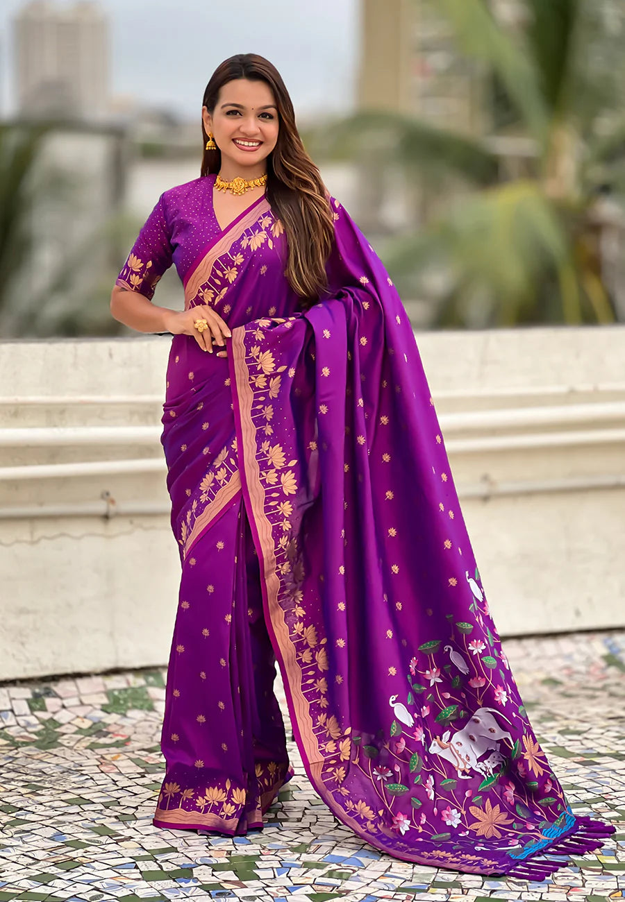 Purple Zari Woven Pichwai Silk Saree