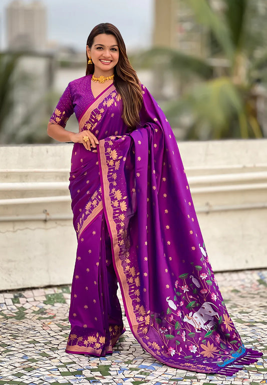 Purple Zari Woven Pichwai Silk Saree