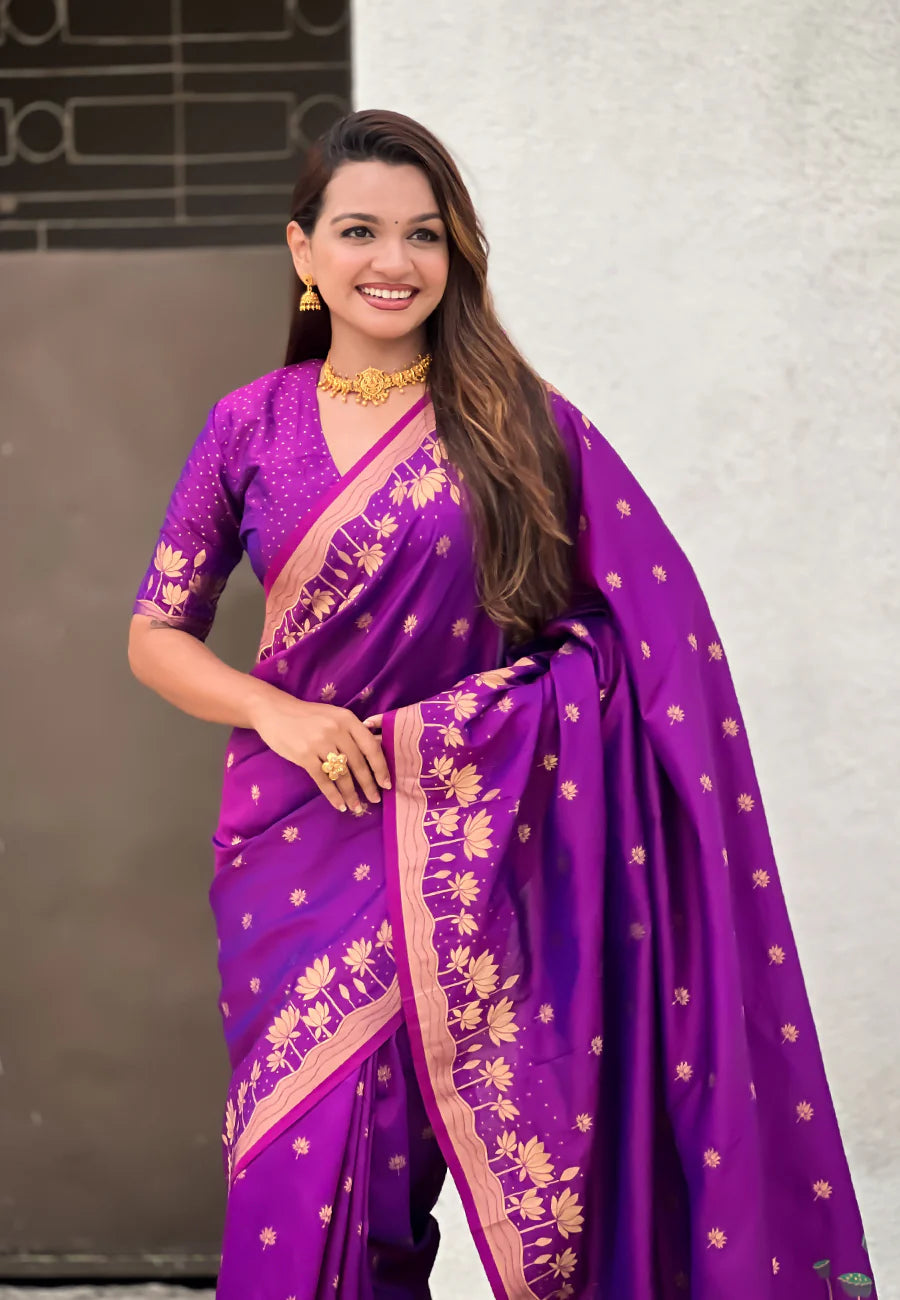 Purple Zari Woven Pichwai Silk Saree