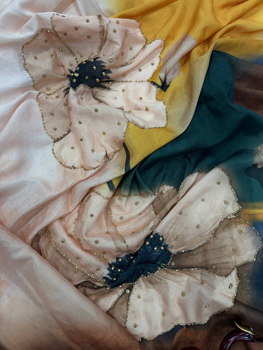 Premium Multi Colour Japan Satin Handwork Saree