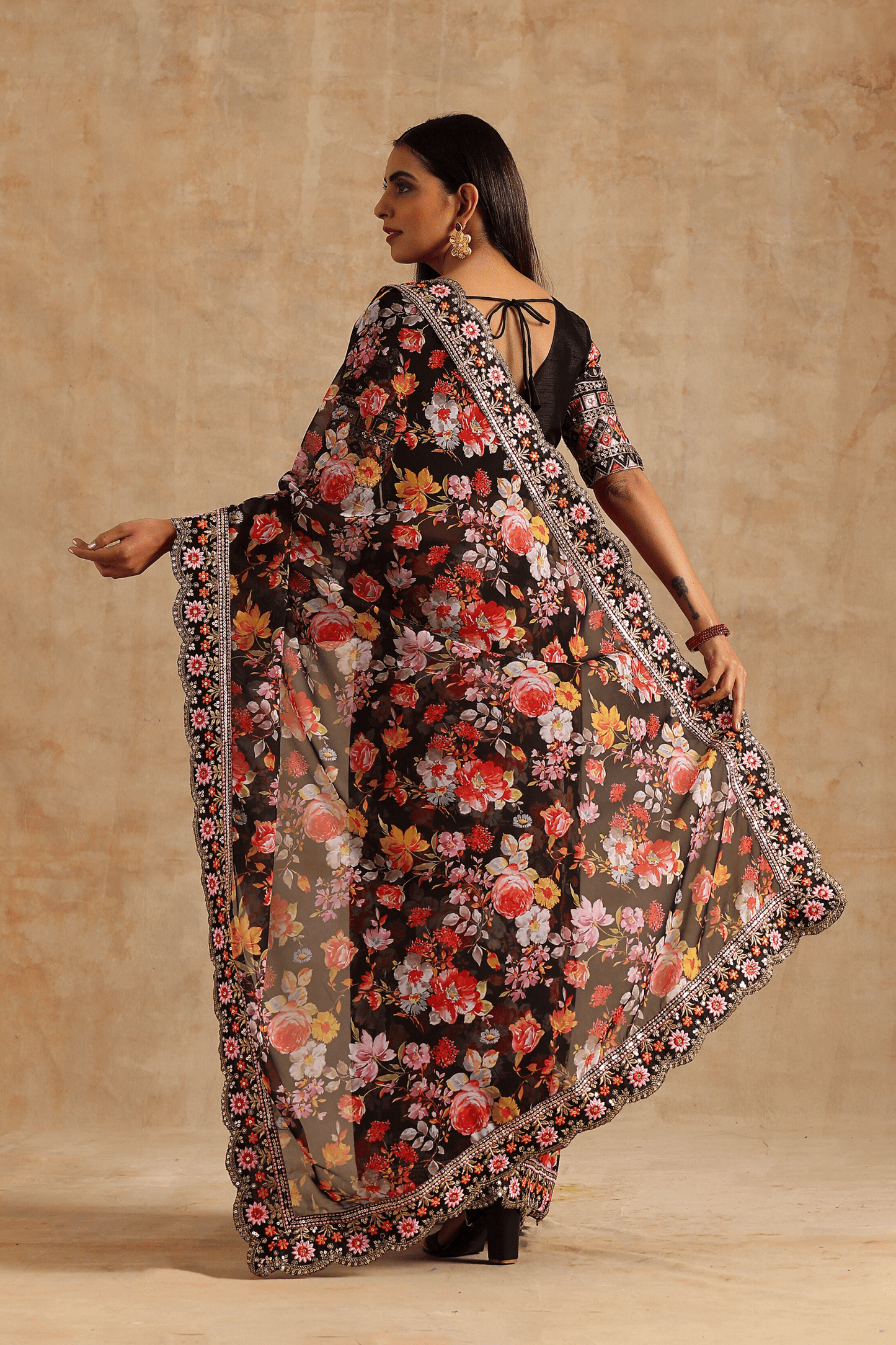 Black Georgette Digital Print With Embroidery Sequence Saree