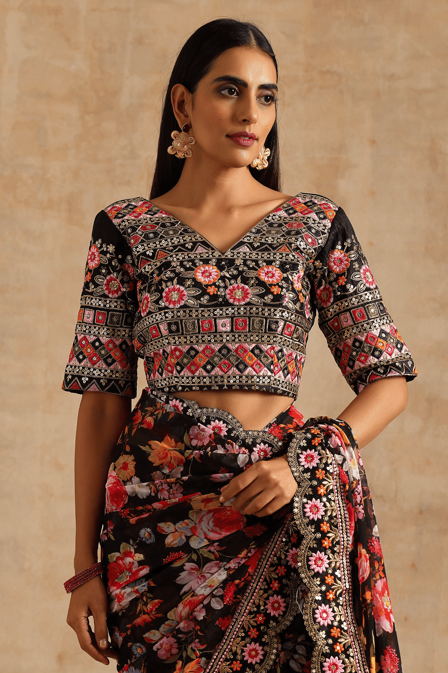 Black Georgette Digital Print With Embroidery Sequence Saree