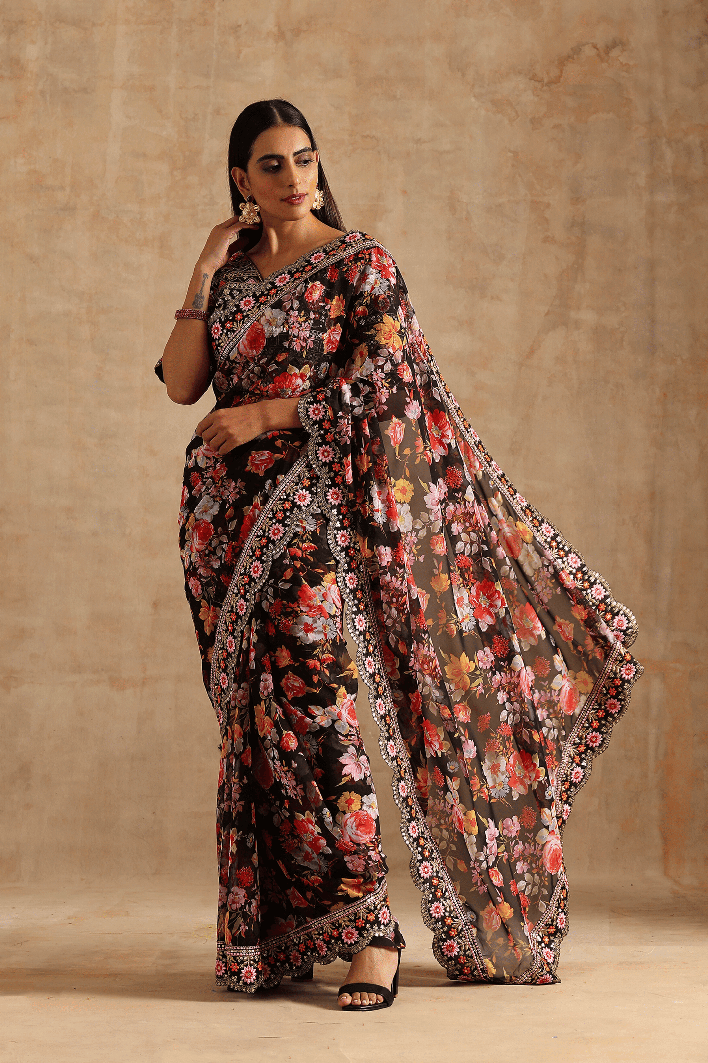 Black Georgette Digital Print With Embroidery Sequence Saree