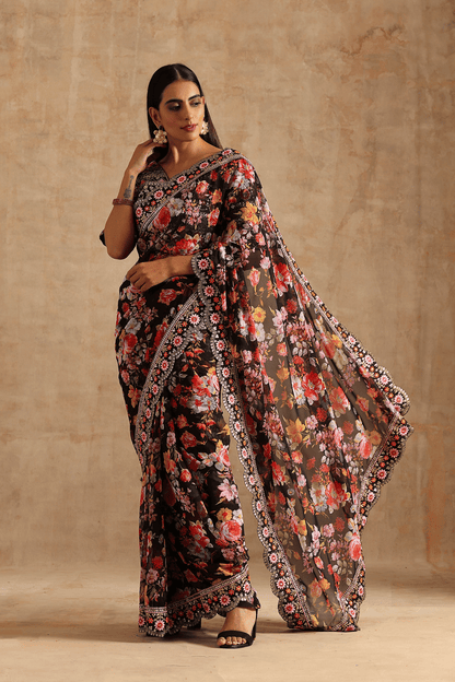 Black Georgette Digital Print With Embroidery Sequence Saree