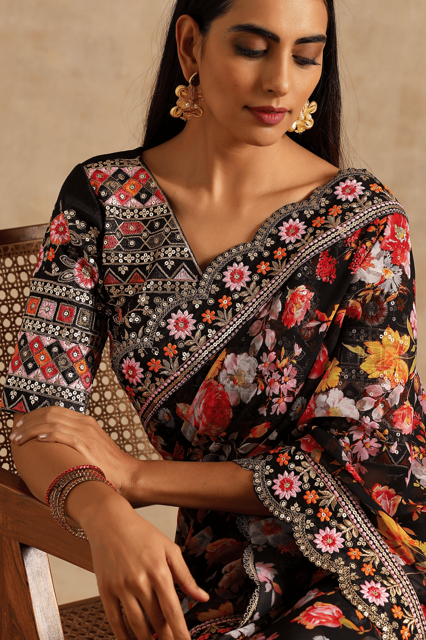 Black Georgette Digital Print With Embroidery Sequence Saree