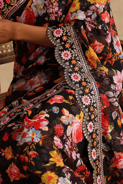 Black Georgette Digital Print With Embroidery Sequence Saree