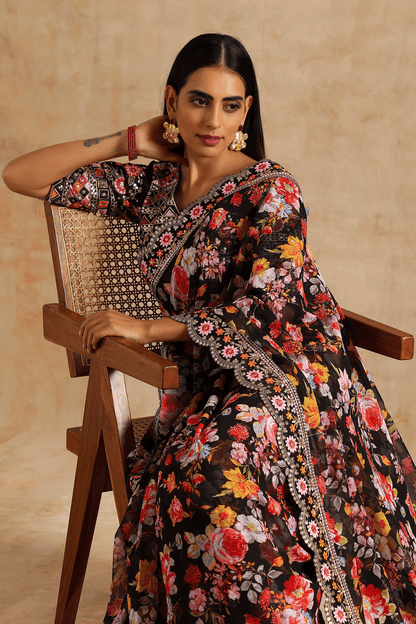 Black Georgette Digital Print With Embroidery Sequence Saree