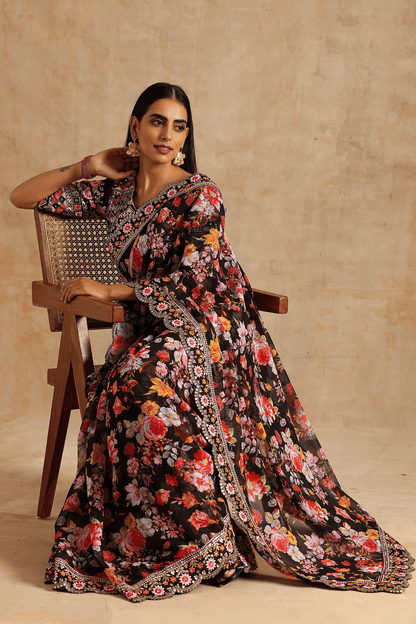 Black Georgette Digital Print With Embroidery Sequence Saree